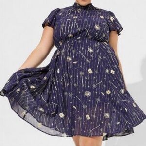 Torrid Harry Potter Celestial Midi Dress Size 1 Gold Star Print